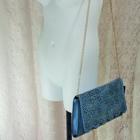 Perfect Image NY Denim Blue Handbag Shoulder/Clutch Laser Cut out design NWT. - Picture 4 of 4